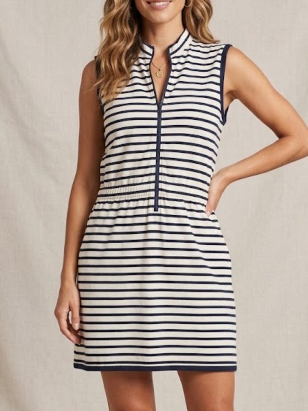 KULE Navy Striped Sleeveless Zip Front French Terry Tennis Dress Size L Pockets
